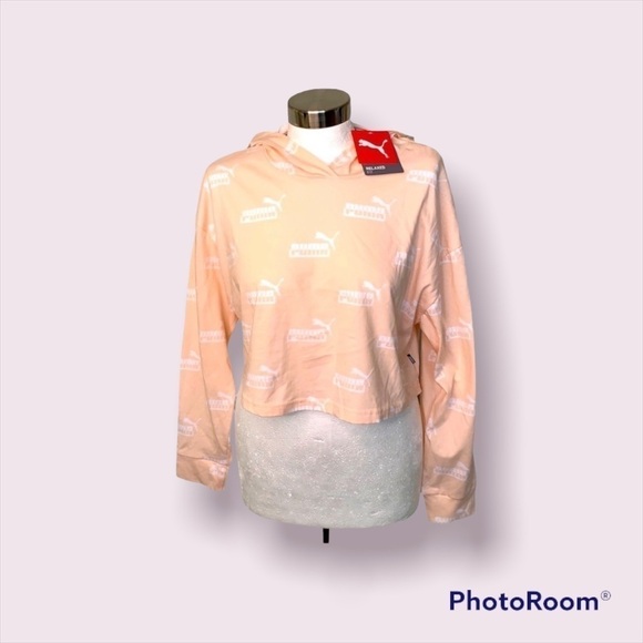 PUMA NWT ROSE PINK WHITE LOGO HOODIE CROPPED LONG SLEEVE T-SHIRT SIZE S - Picture 1 of 5